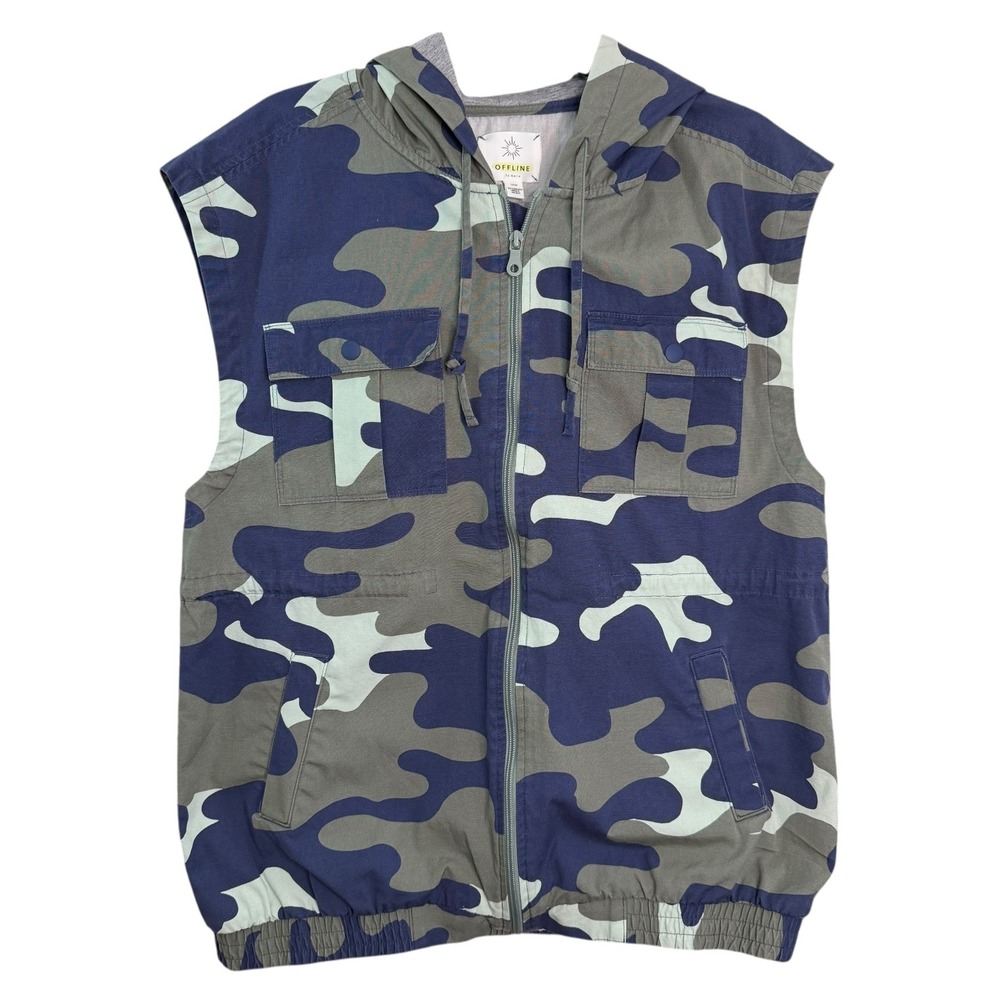 Offline by Aerie Camo Utility Cargo Vest Hoodie Zip Front Pockets Size Small‎